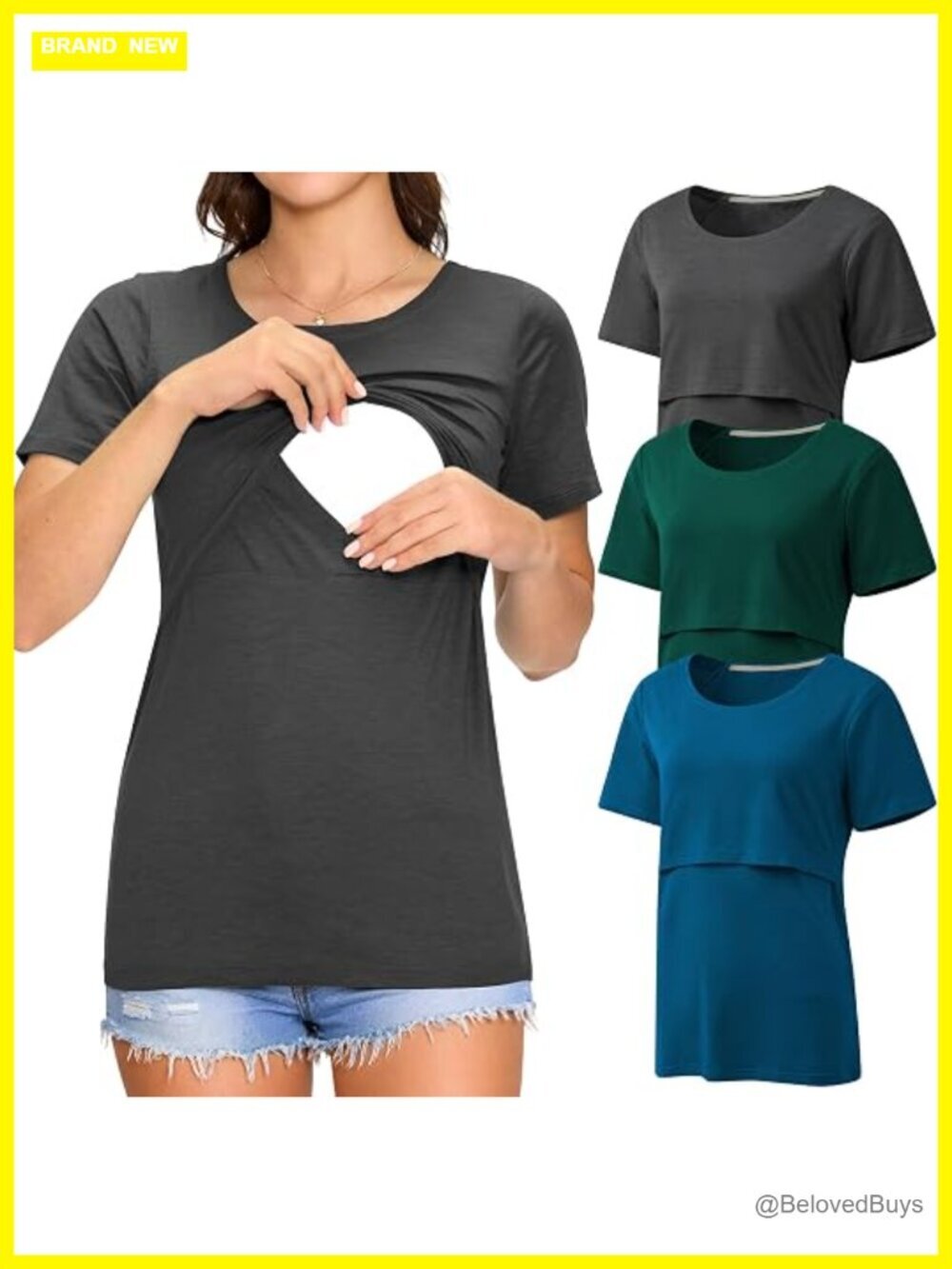 3 Pack Nursing Tops Short Sleeve Double Layer Maternity Breastfeeding Shirts